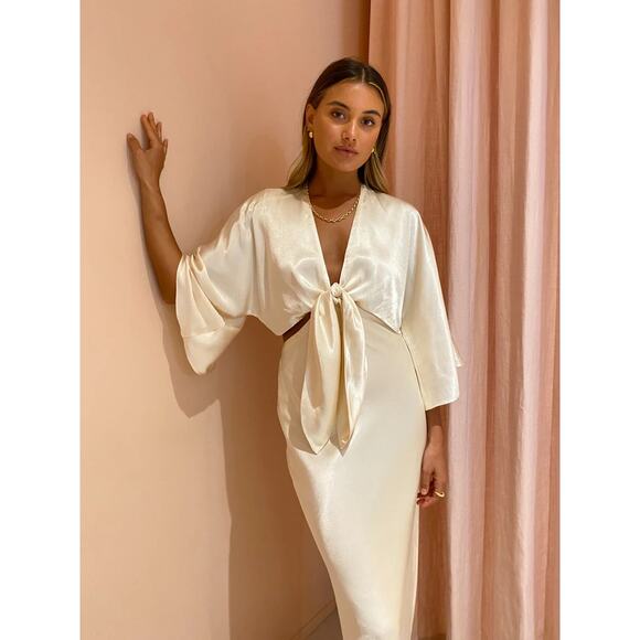 Shona Joy La Lune Tie Front Bias Midi Dress Cream - Picture 8 of 14